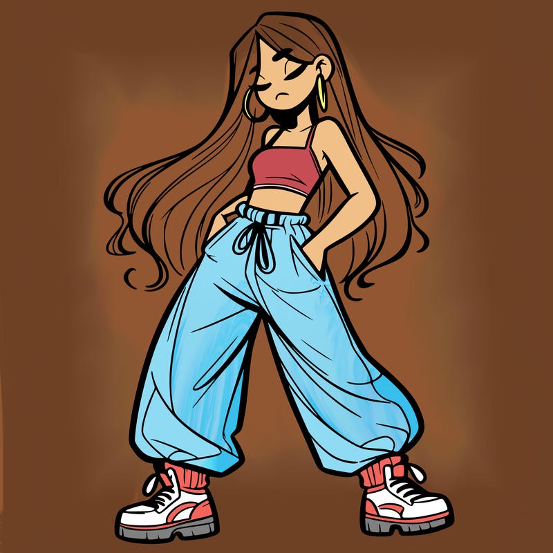 girl in baggy pants crop top and long hair