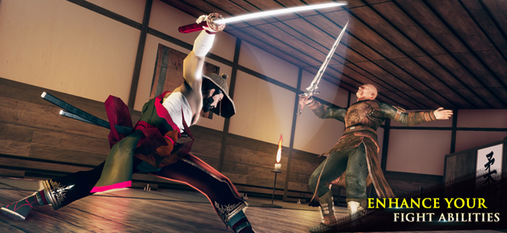 Shadow Ninja Assassin Fight - A samurai ninja engaging in a sword duel inside a dojo