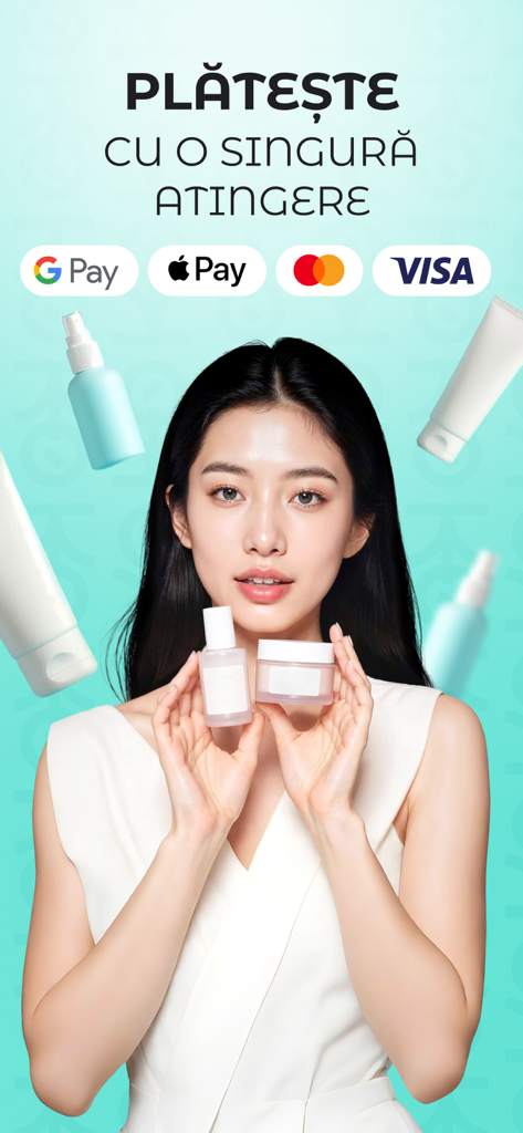 Google Pay、Apple Pay、Mastercard、Visaのアイコンが付いたスキンケア製品を持つ女性。