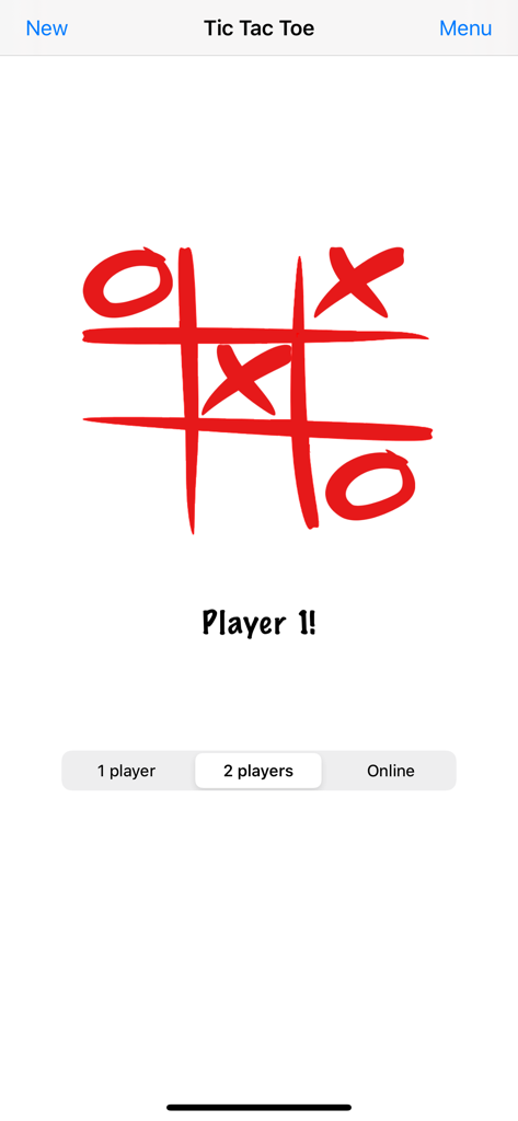 Tic Tac Toe game screen with a red hand drawn grid and selection buttons for one player two players or online play