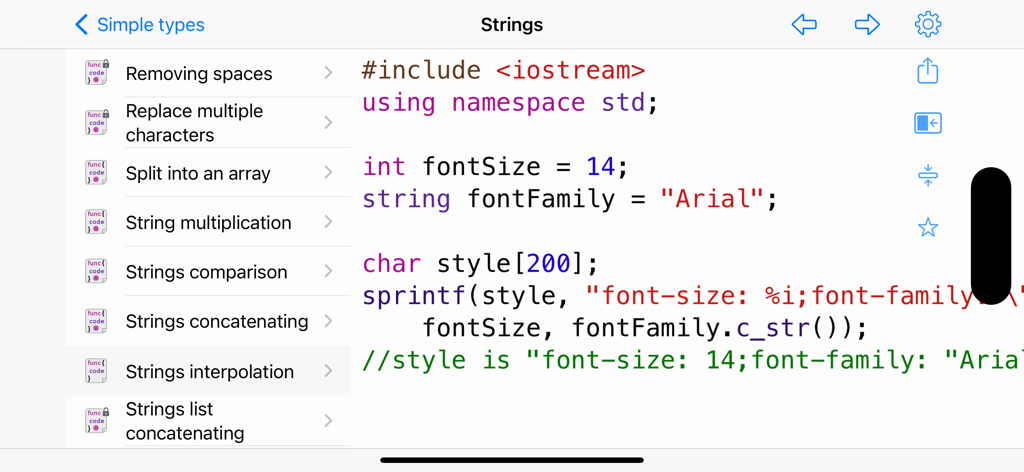 C++ Recipes - C++ Recipes app interface showing a list of string manipulation topics and a code snippet example