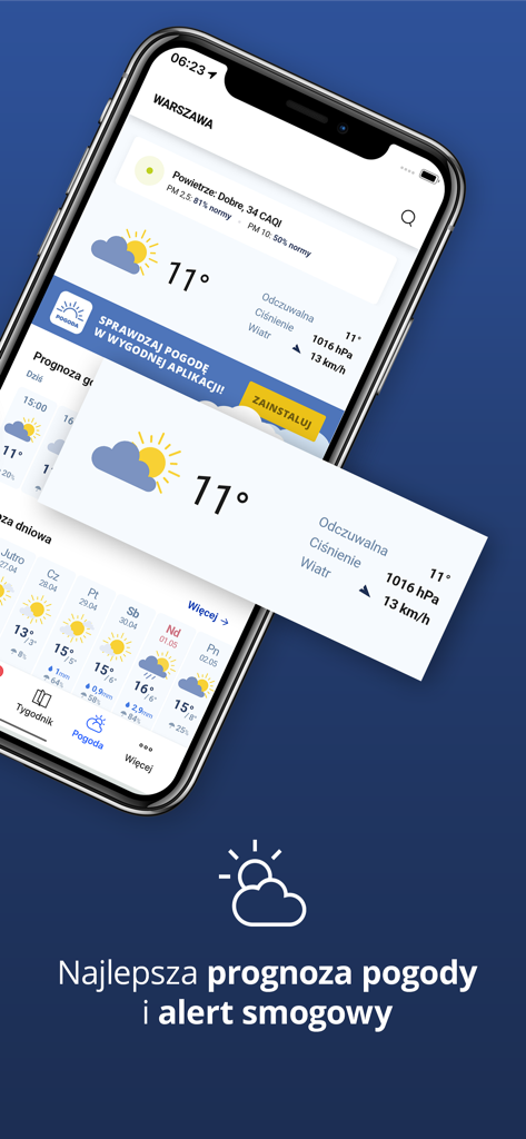 Interia - Interia App-Bildschirm mit detaillierter Wettervorhersage und Luftqualitätsbericht für Warschau