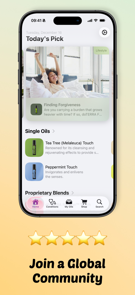 Essential Oils Guide - doTERRA - Home screen of the Essential Oils Guide app showing today's daily pick and a list of single oils like Tea Tree and Peppermint.