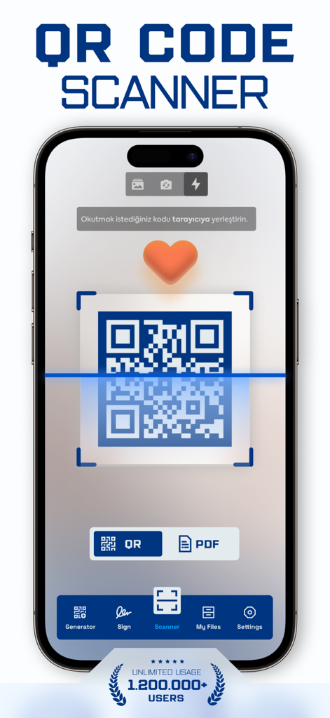 iPhone screen displaying a QR code scanner interface with options for generating codes and signing documents.