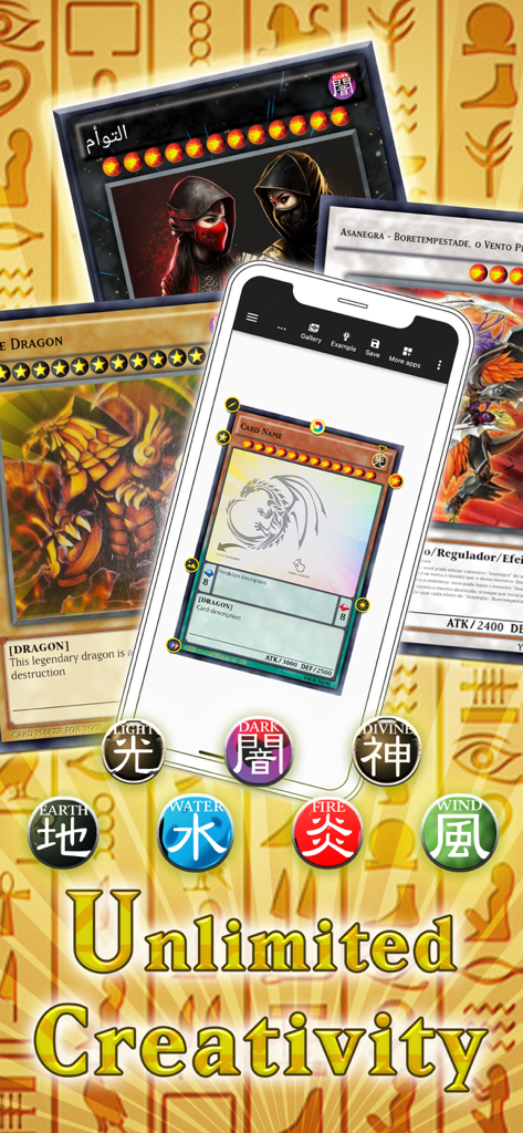 Card Maker Creator for YugiOh - Mobile app interface for creating custom YugiOh cards with attribute icons and the text Unlimited Creativity