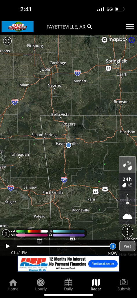 NWA - Your Weather Authority - High-resolution interactive weather radar map showing Fayetteville and Northwest Arkansas on the NWA Weather app.