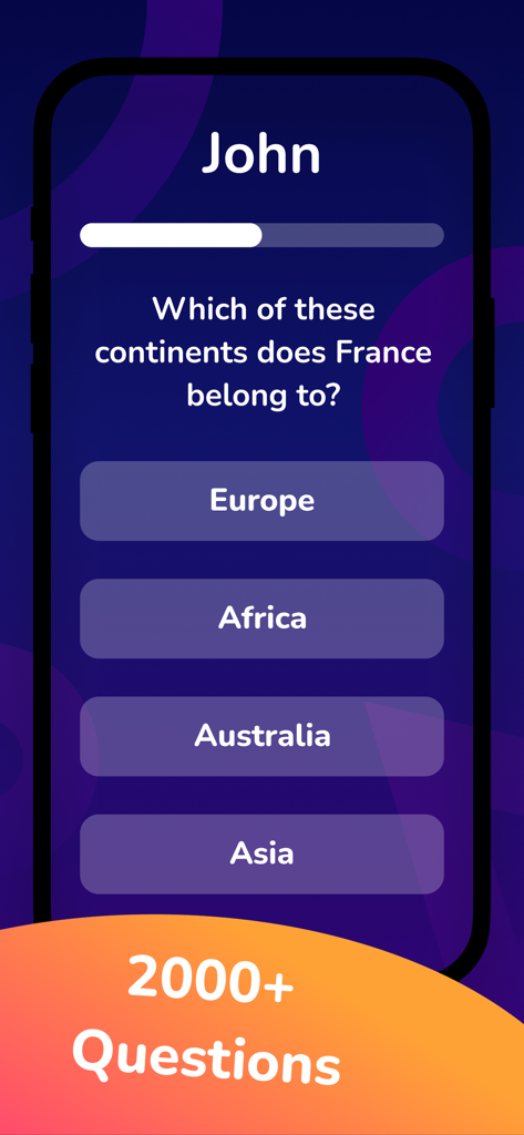 Party Trivia! Group Quiz Game - Mobile screen showing a geography trivia question with multiple choice answers in the Party Trivia app