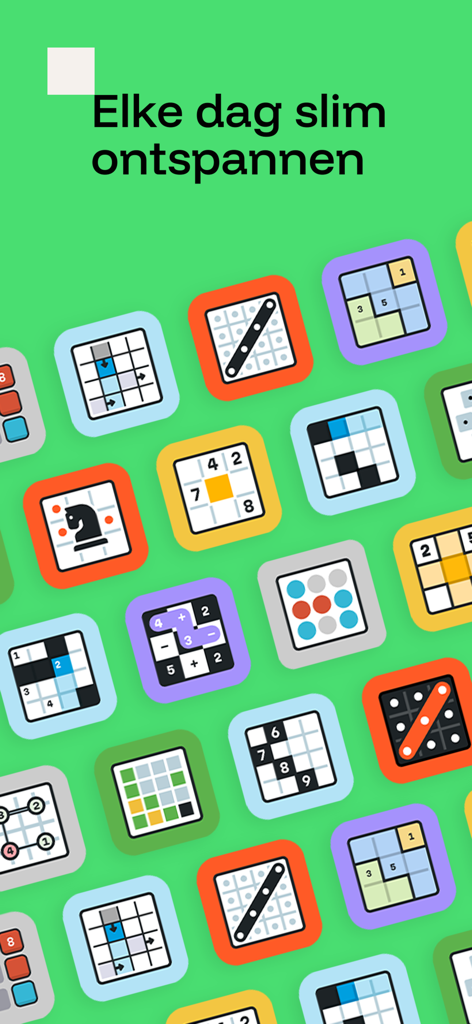 Puzzelfit België - Pantalla de la aplicación móvil Puzzelfit Belgie con varios iconos de juegos de puzles y texto en neerlandés para una relajación diaria inteligente.