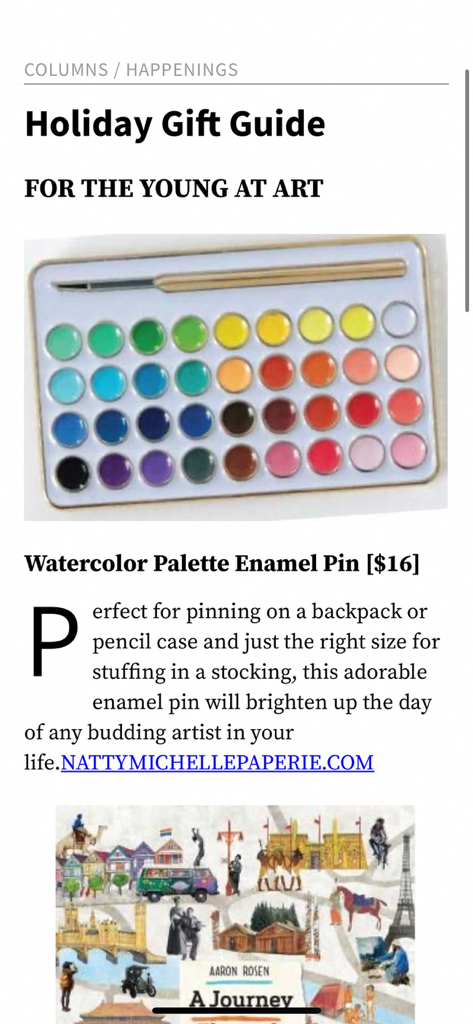 Watercolor Artist Magazine - A holiday gift guide page from the Watercolor Artist Magazine featuring a colorful enamel pin of a paint palette