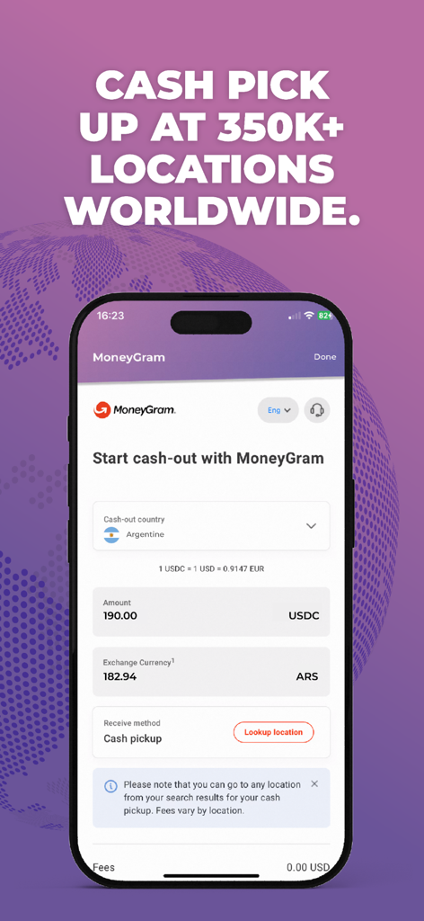 Beans App - Beans App interface showing cash pickup options at MoneyGram locations worldwide