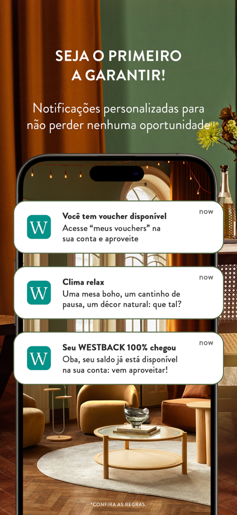 Écran de smartphone montrant les notifications de l'application Westwing pour les bons et l'inspiration décoration