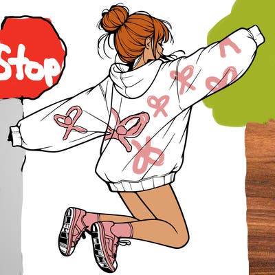 realistic girl jumping with a bun and oversized sweatshirt