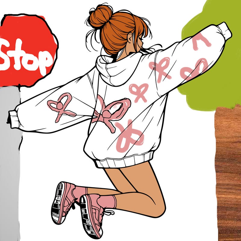 realistic girl jumping with a bun and oversized sweatshirt