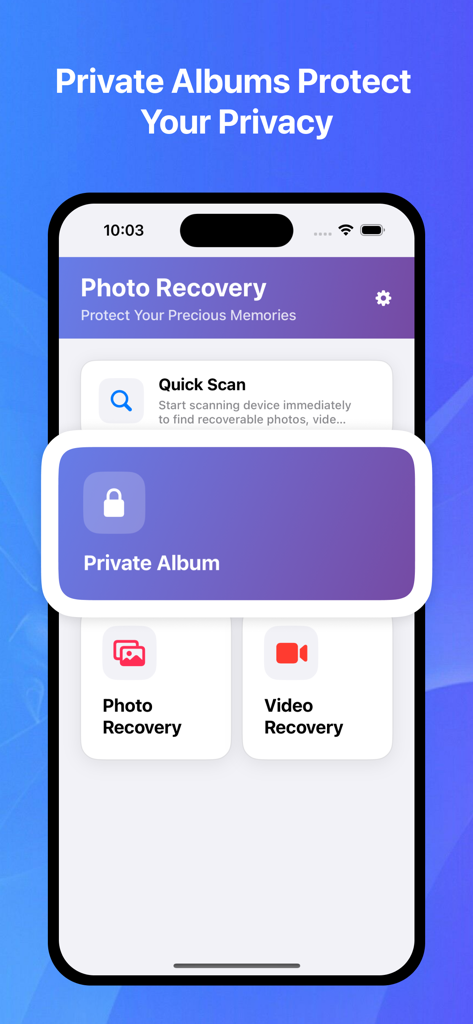 Photo Recovery-Data Recovery - Interfaz de la aplicación Photo Recovery que muestra el álbum privado y las funciones de escaneo rápido para la privacidad digital y la restauración de datos