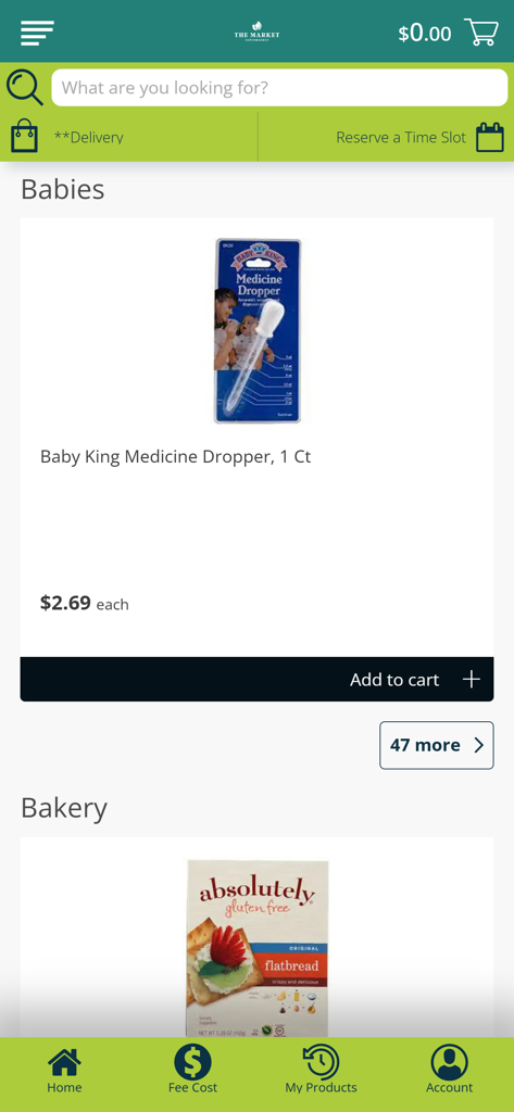 The Market Supermarketモバイルアプリの画面。ベビー用品とパン屋のカテゴリーが表示されており、医療用スポイトとグルテンフリーのフラットブレッドが含まれています。