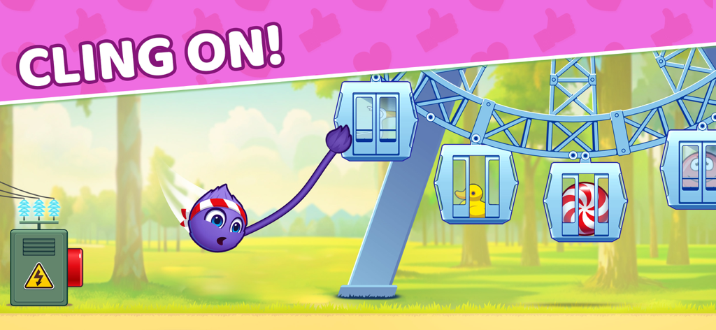 Catch the Candy 2 - Fluffy the purple character clinging to a ferris wheel gondola in a physics puzzle game
