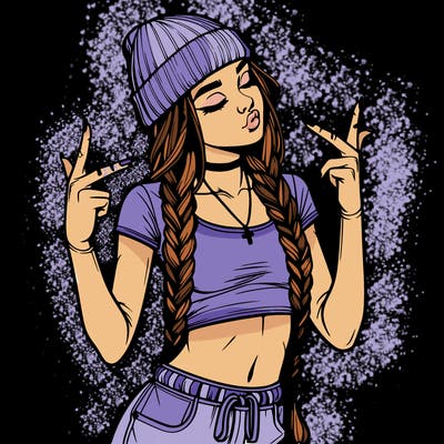 realistic teenage girl with braids and a beanie and crop top doing 🫶🏼