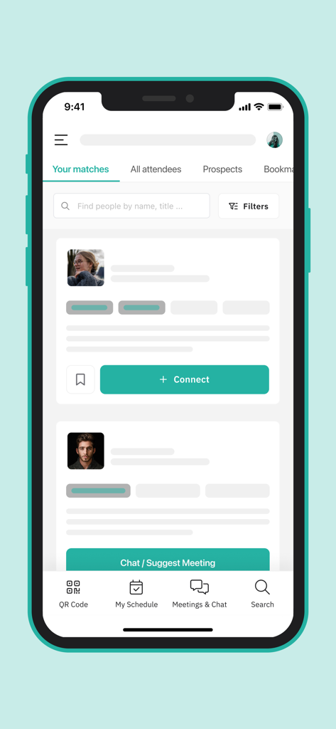 FinTech México - Interface of the FinTech Mexico app showing the networking section with professional matches and options to connect or suggest a meeting.
