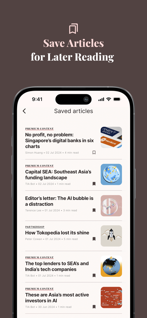 Tech in Asia: News & Analysis - Smartphone screen showing the saved articles feature in the Tech in Asia news app