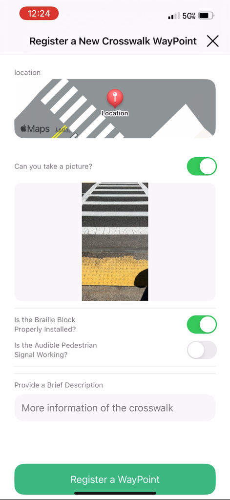 WayPoint. - Interface of WayPoint app to register a crosswalk including tactile paving and audible signal status