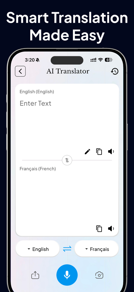 Gamma App - Presentation Maker - Smartphone screen displaying the AI Translator interface with English and French language options
