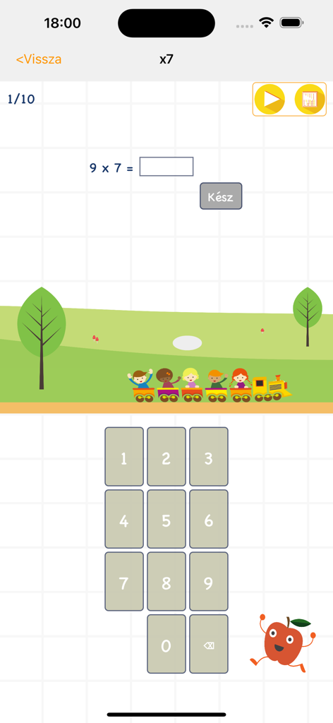Tela de prática de multiplicação educacional para crianças mostrando um problema de matemática com um teclado numérico e ilustrações coloridas