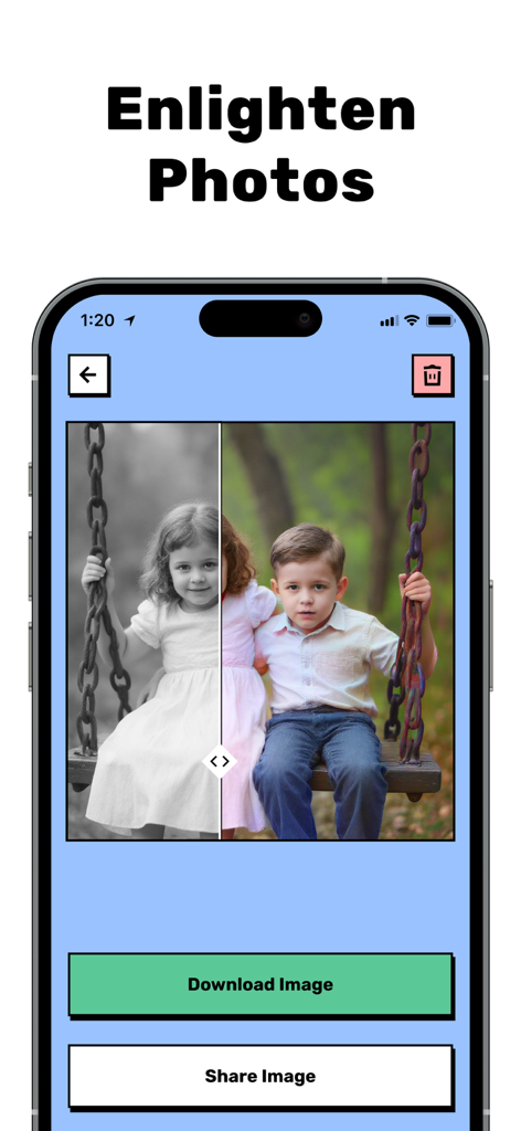 Restore Old Photos - Restora - Ein Seitenvergleich, der ein Schwarz-Weiß-Foto von Kindern auf einer Schaukel zeigt, das in eine kolorierte Version umgewandelt wird.