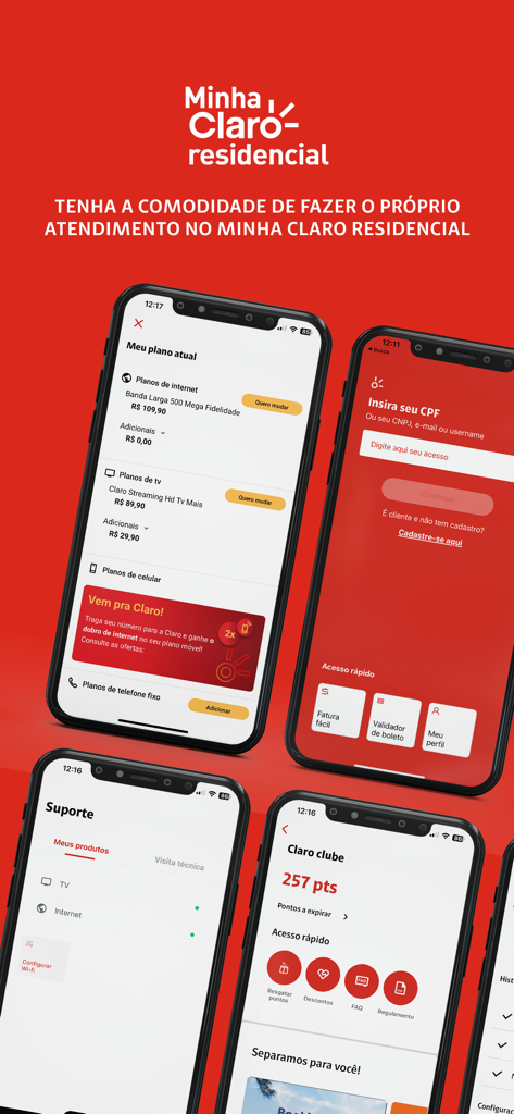 Minha Claro Residencial (NET) - Quatro telas de smartphone mostrando a interface do aplicativo Minha Claro Residencial, incluindo gerenciamento de plano, login, suporte e recursos de programa de fidelidade.