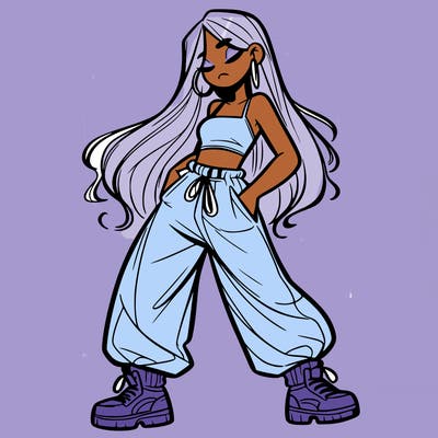 girl in baggy pants crop top and long hair