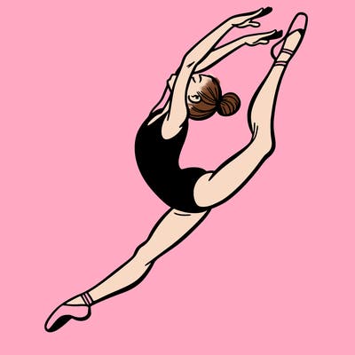 gymnast doing a leap in a leotard with a bent back leg