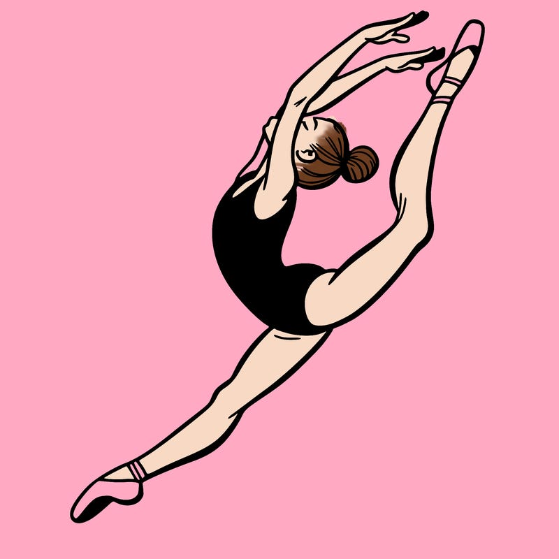 gymnast doing a leap in a leotard with a bent back leg