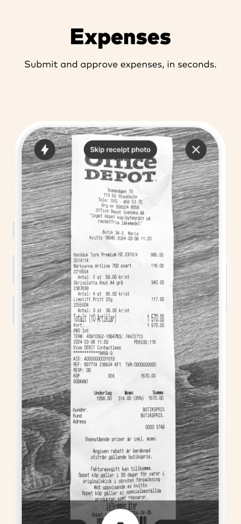 Smartphone camera capturing an Office Depot receipt in the Kvitto and Resa app for expense management