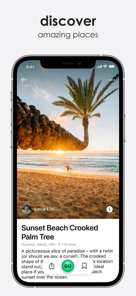 Explorest app screen showing a curated photo location of a sunset beach with a crooked palm tree in Hawaii