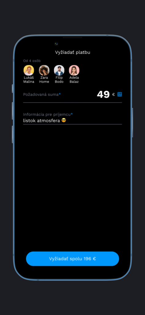 Tatra banka VIAMO - Tatra banka VIAMO app screen for requesting a group payment