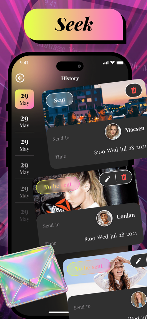 Salas：Video Chat & Meet - Tela de histórico do aplicativo Salas mostrando mensagens de bate-papo por vídeo enviadas e pendentes com perfis de usuário