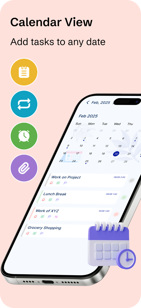 To-Do List - Schedule Planner - Smartphone-Bildschirm, der die Kalenderansicht einer Terminplaner-App mit täglichen Aufgaben und Erinnerungen anzeigt