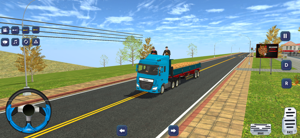 US Truck Driving Cargo Games - Un camión de carga azul conduciendo por una autopista en un juego de simulador de camiones con controles visibles de volante y pedales.