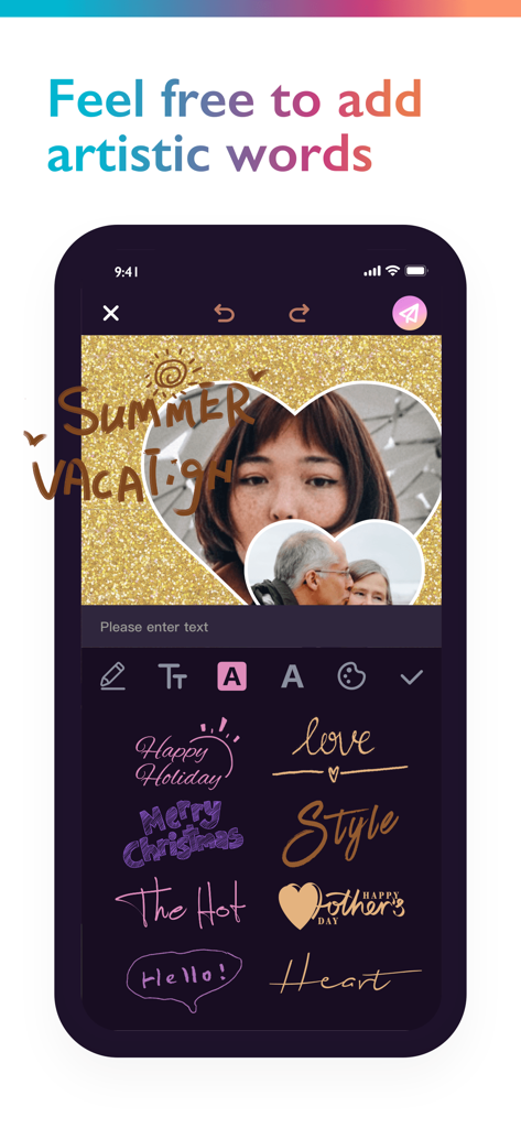 Photo Collage Maker：Pic Grid - Interfaz de la aplicación Photo Collage Maker que muestra estilos de texto artísticos y un diseño de foto en forma de corazón con texto de vacaciones de verano
