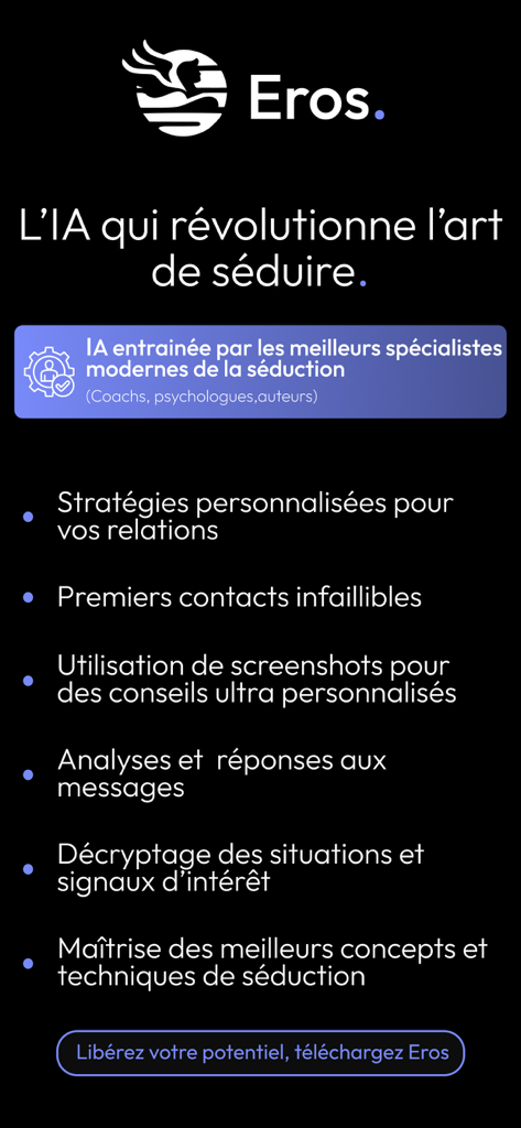 Overview of Eros AI dating coach app features including personalized seduction strategies and message analysis