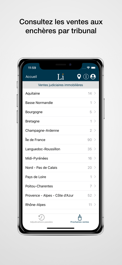 Licitor - Licitor app interface showing real estate auction listings categorized by French region
