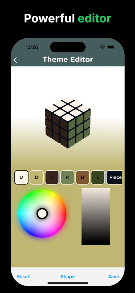 Rubix Cube Solver and Guide - Interface of the Rubix Cube Solver app theme editor showing a 3D cube with custom colors and a color picker wheel.
