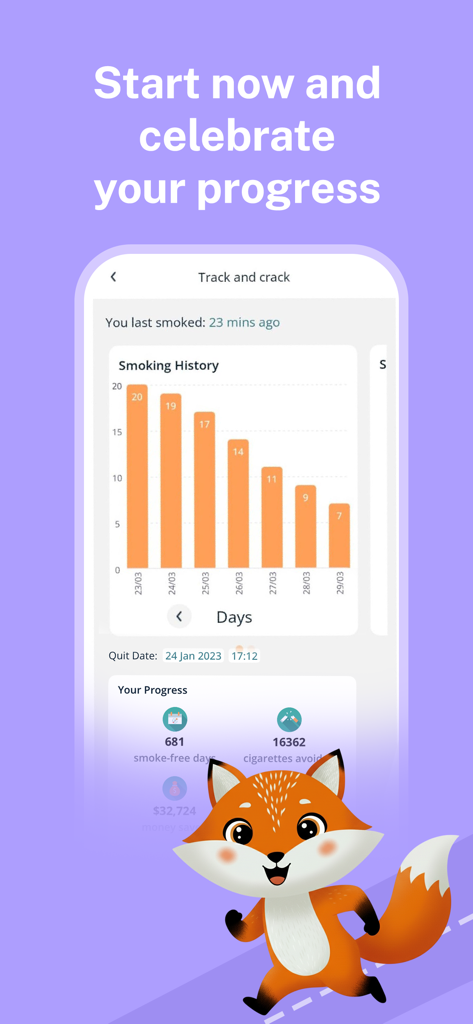 QuitSure Quit Smoking & Vaping - Interface do aplicativo QuitSure mostrando um gráfico de barras do histórico de fumo e estatísticas de progresso para dias sem fumo e dinheiro economizado