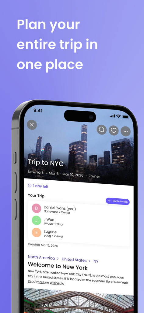 Ellipsis Travel - Interface de l'application Ellipsis Travel affichant un itinéraire de voyage de groupe pour New York avec des fonctionnalités de planification collaborative.