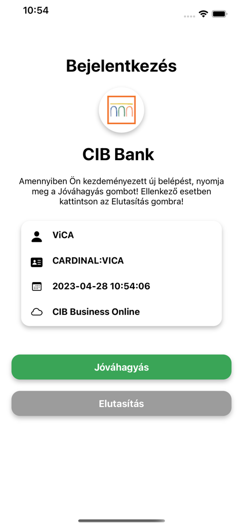 ViCA - ViCA app login authorization screen for CIB Bank