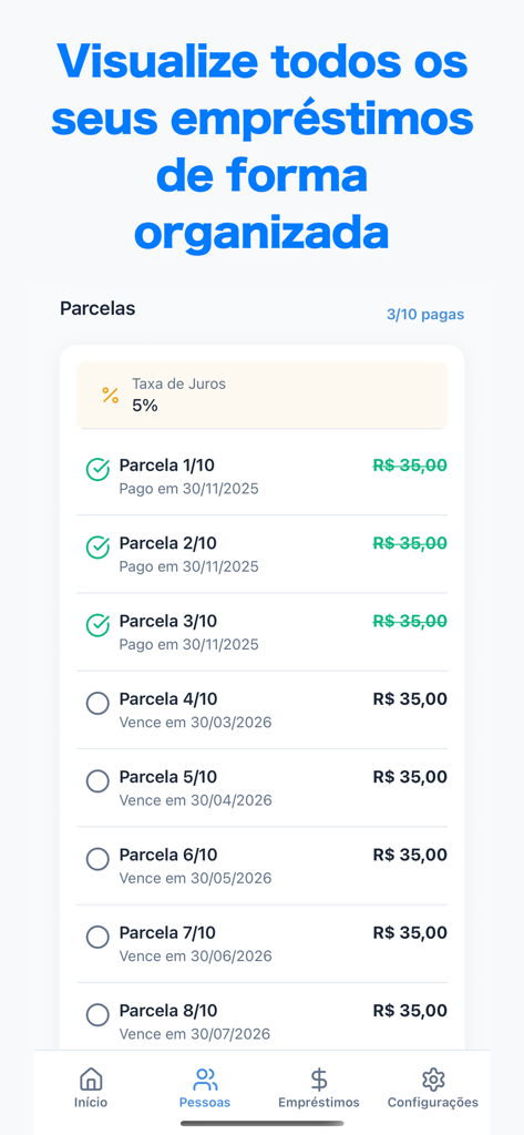 Loans: Manage Control - A mobile app interface displaying a list of organized loan installments with payment status and interest rate details.