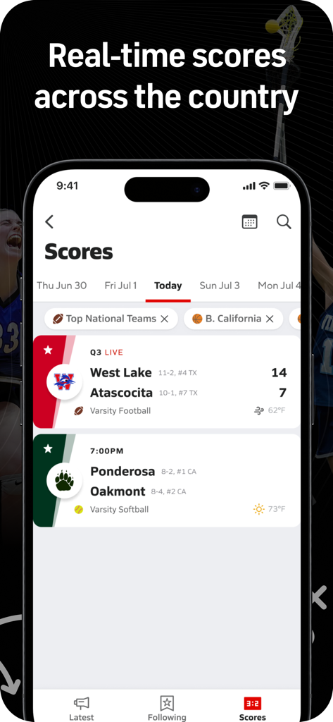 MaxPreps app displaying real-time high school sports scores