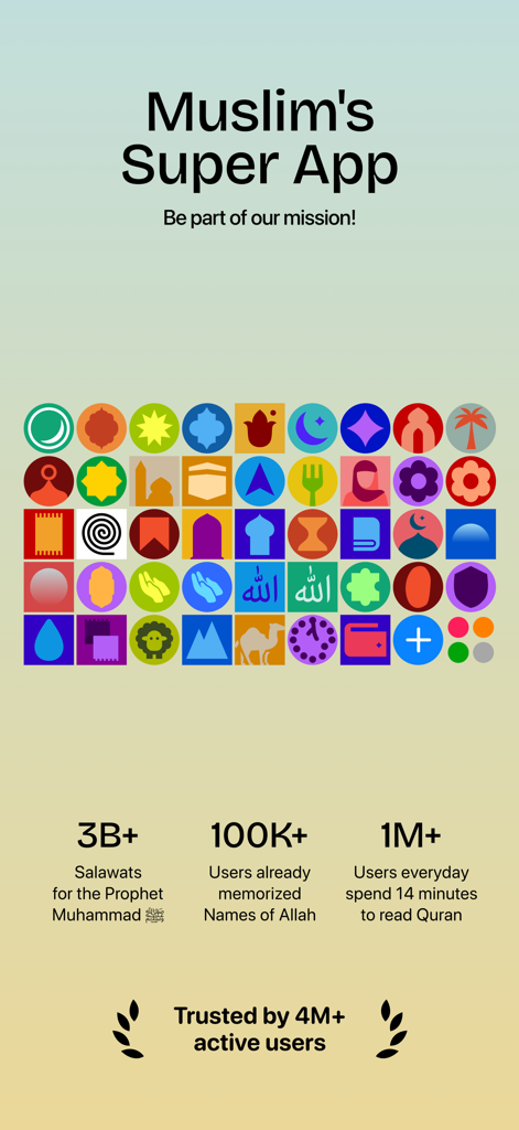 Infografik mit Sajda-App-Statistiken, darunter vier Millionen aktive Nutzer und tägliche Koranleseaktivitäten.
