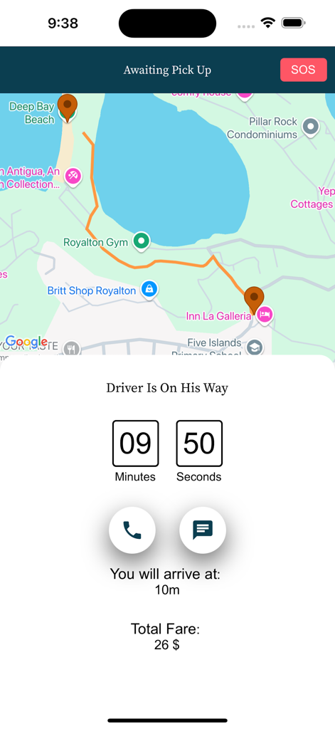 Swyft Taxi app interface showing real time driver tracking on a map with arrival timer and fare price