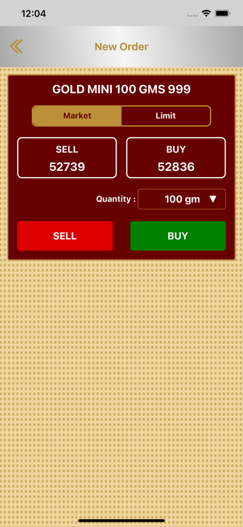 Ambicaa Spot - New order screen for gold mini 100 grams showing buy and sell prices in the Ambicaa Spot app