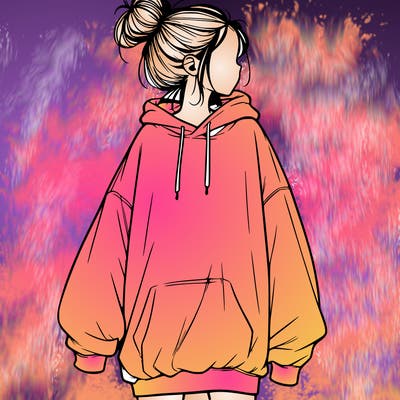realistic girl with a oversized sweatshirt on and a bun